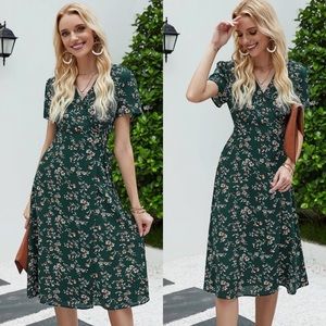 Boho floral print wrap knotted midi dress green